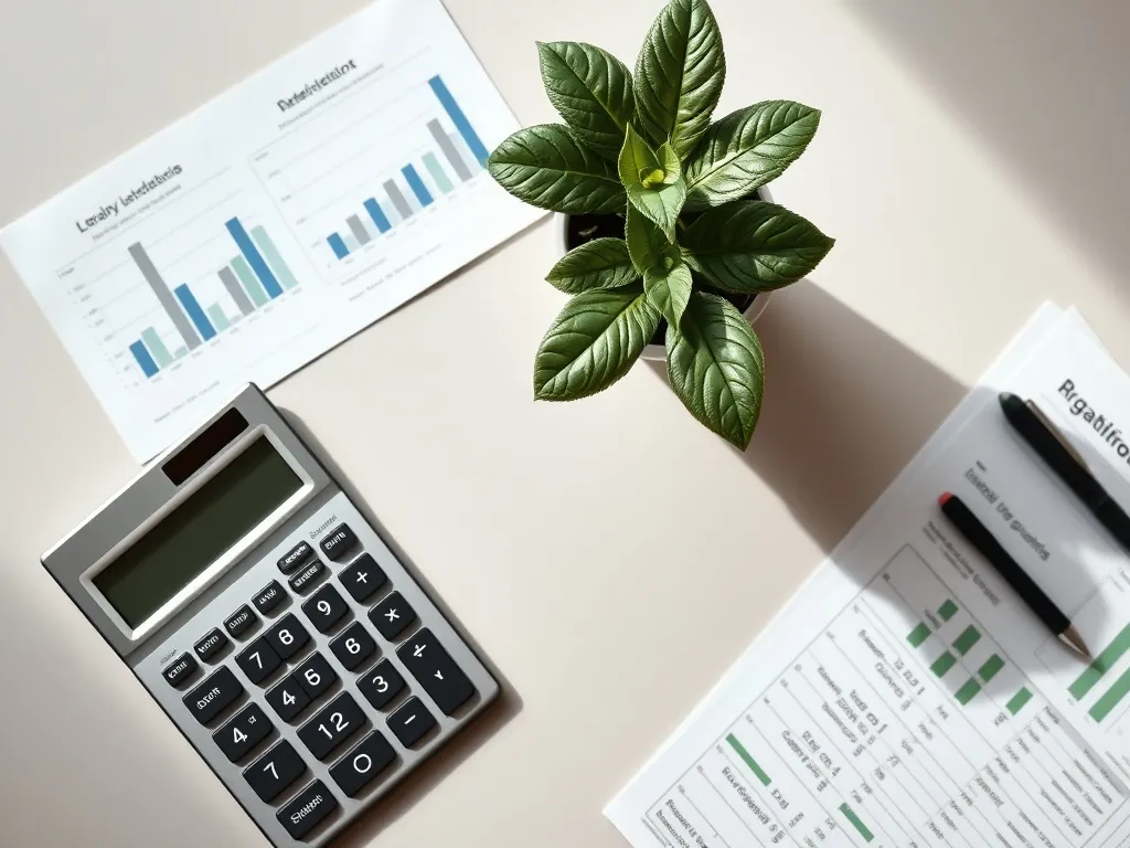 A professional clean desk with a calculator, a green plant i