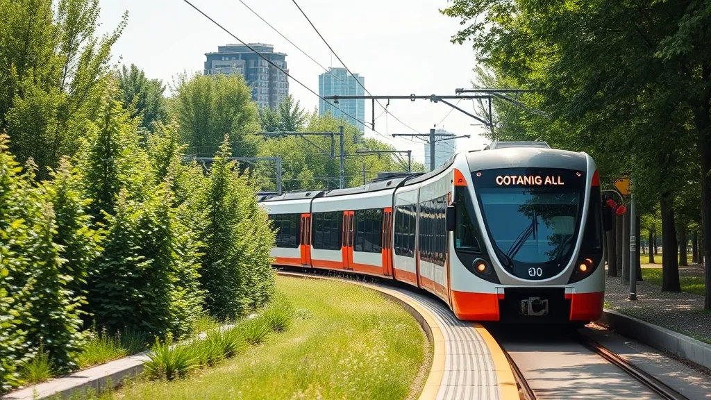 A modern light rail train moving through a green urban corri