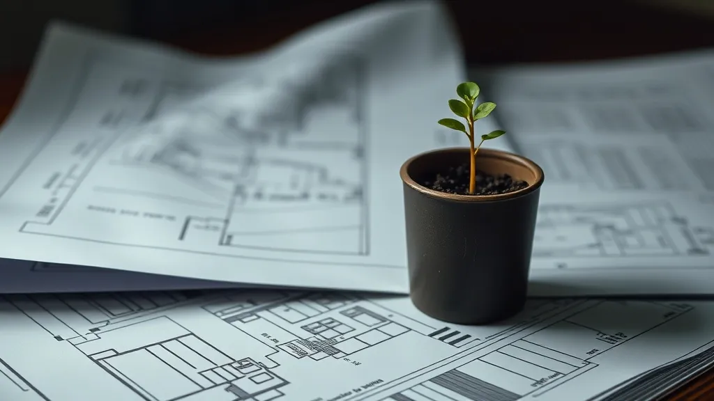 Close-up of architectural blueprints and a small green sprou